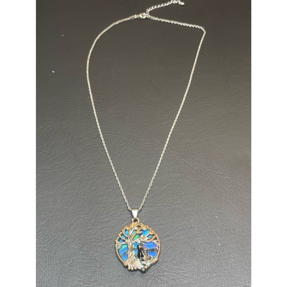Tree of Life Silver Necklace with Blue-Green Enamel Pendant - Picture 7 of 13